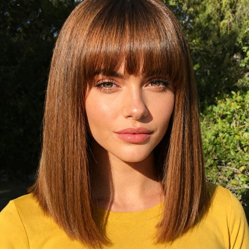 Women's Short Brown Straight Hair Wig with Bangs - Shoulder-Length -Looking Synthetic\u002F Replacement, Easy to Style & Maintain, Low-Maintenance Wavy-Like for Beginners (No-Sew Adhesive-Free) - Instant Volume & Full