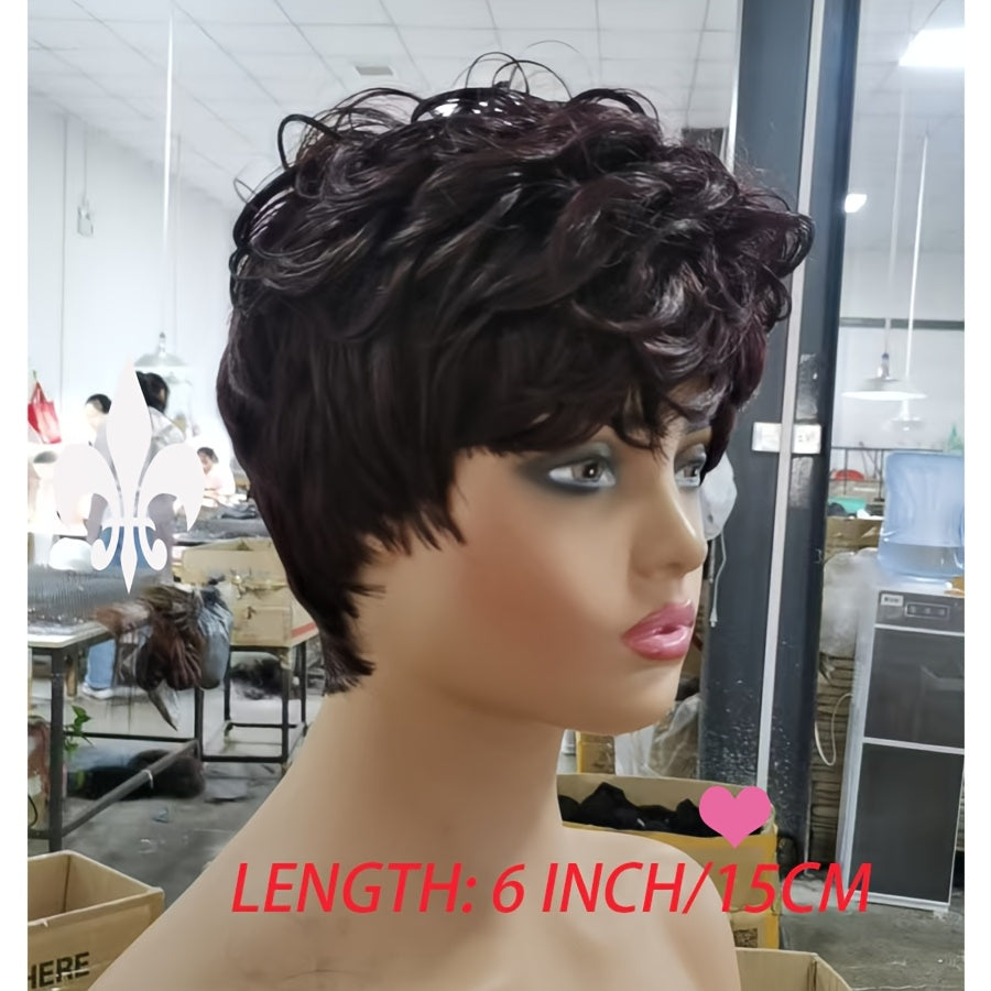 Short Curly Pixie Cut Wigs | Synthetic Straight Hair Wig with Bangs for Daily Party Cosplay Christmas, High Temperature Fiber, Rose Net with Fake Scalp