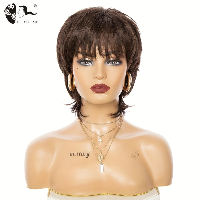 Fashionable Short Deep Brown Synthetic Hair with Rose Net Cap | Straight, Voluminous, Comfortable Fit, Ideal for Anime Cosplay and Parties, Unisex-Adult by XI SHI XIU