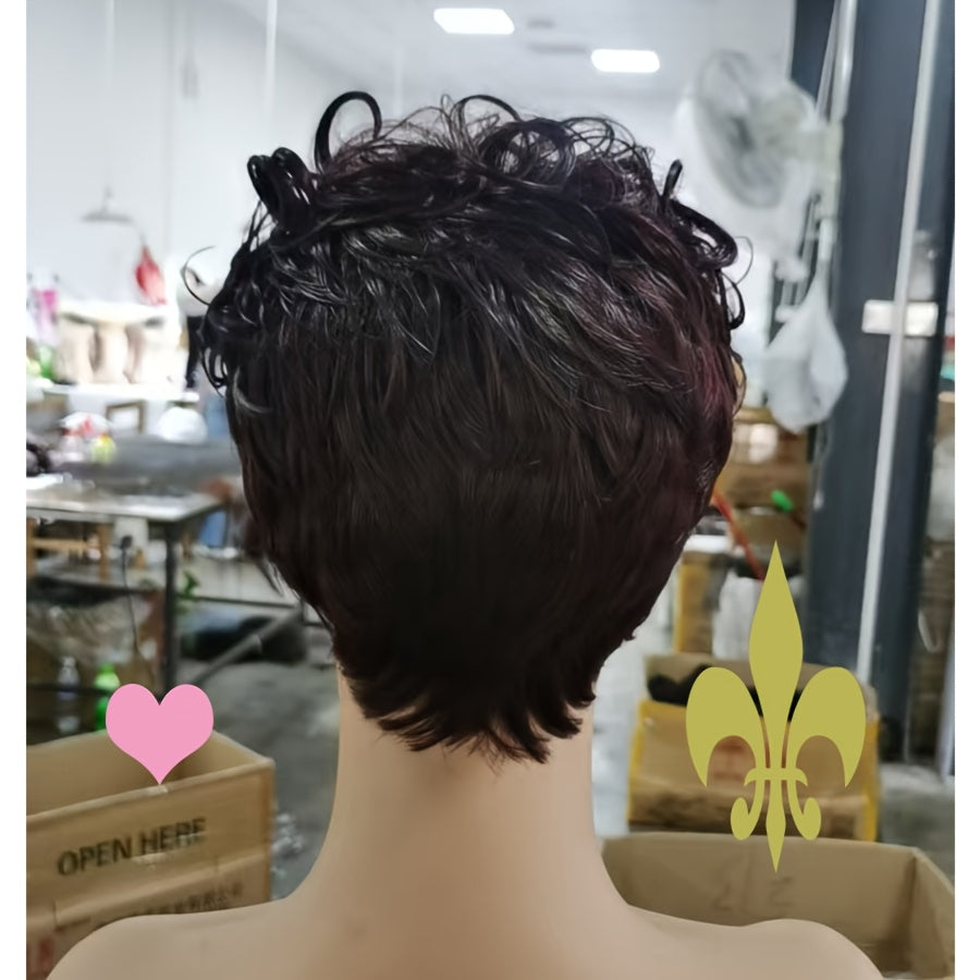 Short Curly Pixie Cut Wigs | Synthetic Straight Hair Wig with Bangs for Daily Party Cosplay Christmas, High Temperature Fiber, Rose Net with Fake Scalp