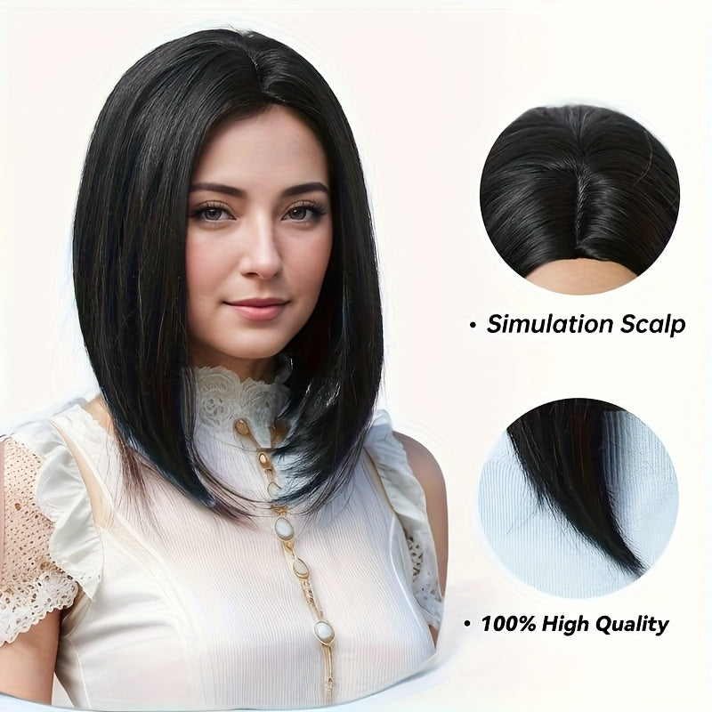 12-Inch Black Middle-Part Wavy Synthetic Wig for Women, Full Headpiece, Fit, Suitable for Daily Wear And Holiday Celebrations