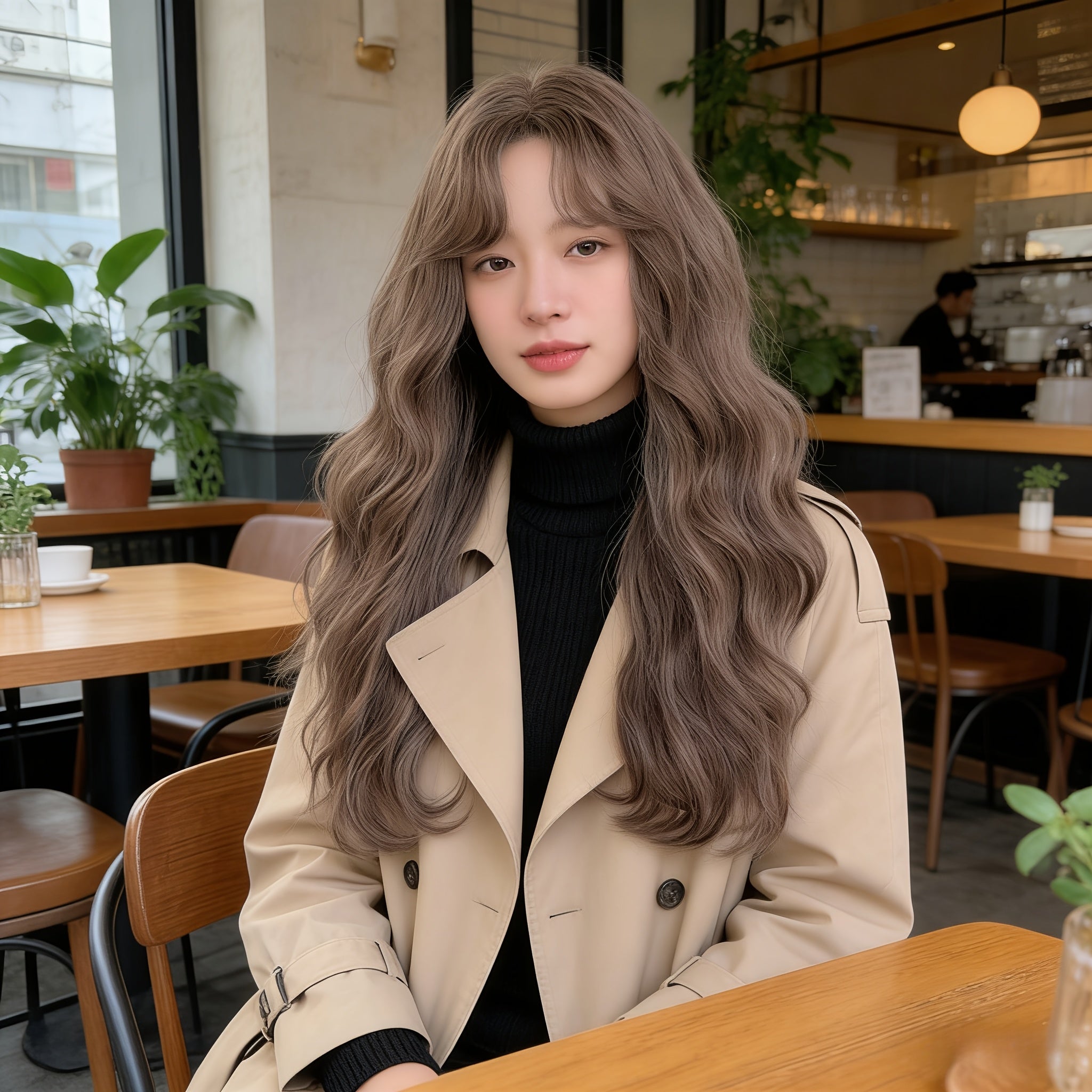 Golden MEMORIES Women's \u002FKorean Style Long Wavy Wig with Bangs - 26 Inch Water Curly Hair Suitable for Asian Hair Types, Daily Use, Cosplay & Party Wig, for Bangs Adjustment