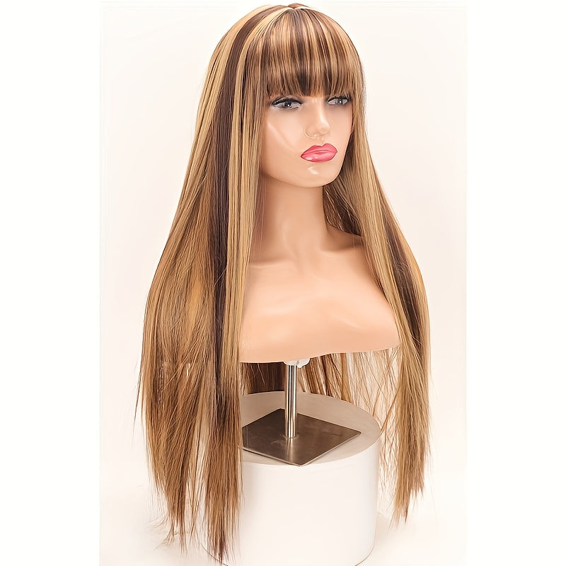Coleen Women's Natural Smooth Synthetic Wig Suitable for Daily Use - Long Straight Hair with Bangs,, Golden Brown Mixed Color Blending, Natural Look Wig for Skin Tones & Hair Loss Solutions