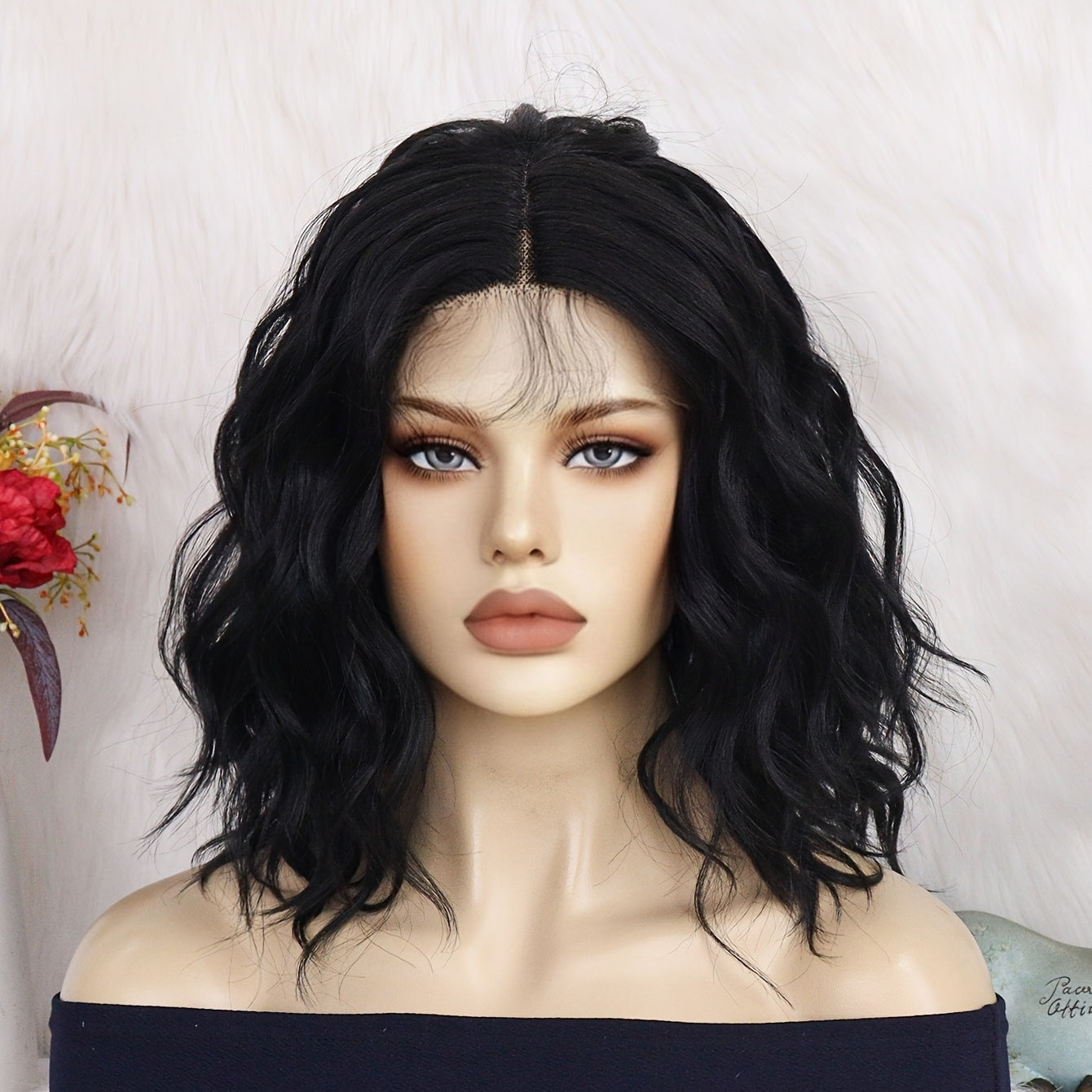 13 * 3.5 * 1 T-shaped Curly Wavy Black 16 Inch Medium Length Split Lace Front Wig, Suitable for Women's Natural Appearance, Synthetic Glue Free Heat-resistant Fashionable Soft Fiber Hair, Bob Lace Wig, Suitable for Daily Parties