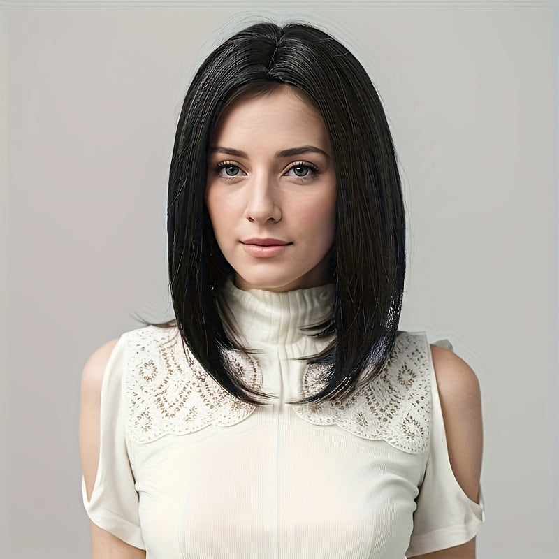 12-Inch Black Middle-Part Wavy Synthetic Wig for Women, Full Headpiece, Fit, Suitable for Daily Wear And Holiday Celebrations