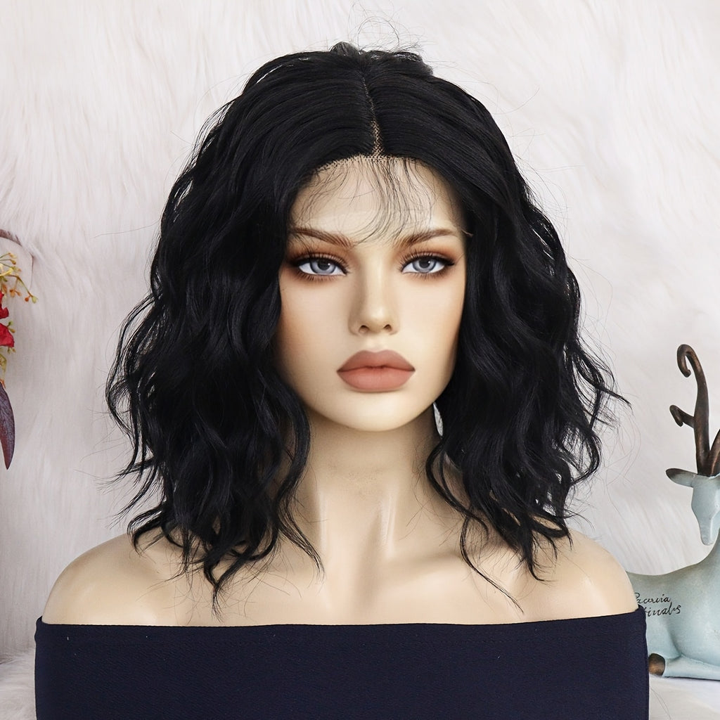 13 * 3.5 * 1 T-shaped Curly Wavy Black 16 Inch Medium Length Split Lace Front Wig, Suitable for Women's Natural Appearance, Synthetic Glue Free Heat-resistant Fashionable Soft Fiber Hair, Bob Lace Wig, Suitable for Daily Parties
